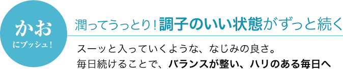 かおにプッシュ！潤ってうっとり！調子のいい状態がずっと続くスーッと入っていくような、なじみの良さ。毎日続けることで、バランスが整い、ハリのある毎日へ